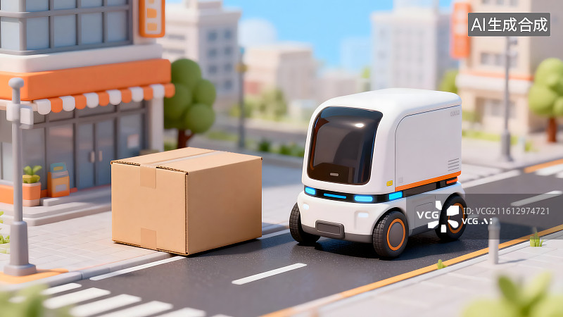 【AI数字艺术】智能无人配送车在城市街道运送包裹图片素材