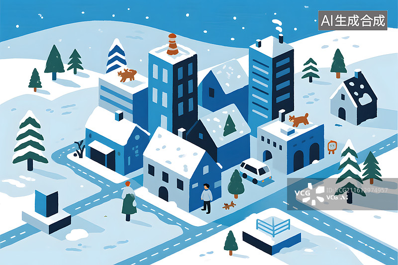 【AI数字艺术】冬日城市雪景插画图片素材