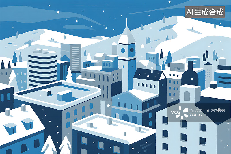 【AI数字艺术】冬日城市雪景插画图片素材