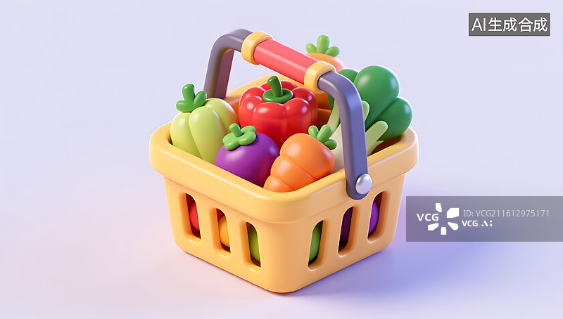 【AI数字艺术】装满新鲜水果蔬菜的等距视角购物篮图片素材