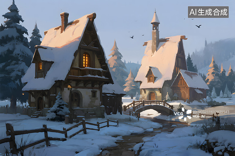 【AI数字艺术】雪中童话小屋风景图片素材