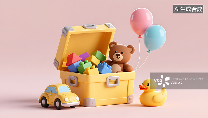 【AI数字艺术】可爱黄色收纳箱溢出玩具场景图片素材