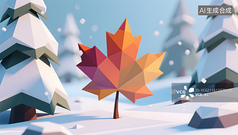 【AI数字艺术】低多边形几何风格的枫叶雪景插画图片素材