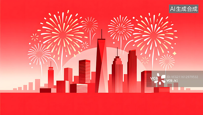 【AI数字艺术】节日氛围红色现代城市天际线绚丽烟花图片素材