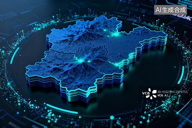 【AI数字艺术】科技感蓝色 3D 地形模型搭配数据光效的地理信息可视化主题设计图片素材