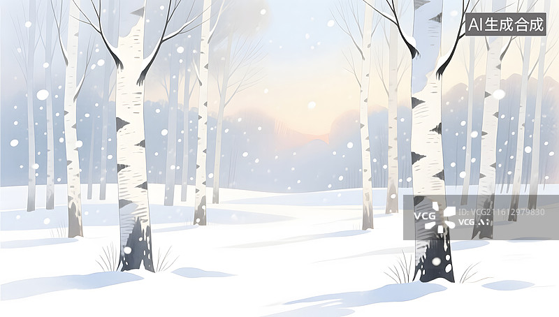 【AI数字艺术】冬日清晨漫天飞雪中的白桦林美景图片素材
