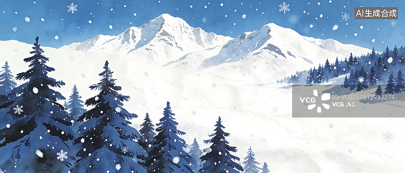 【AI数字艺术】宁静的雪山雪花森林，滑雪运动旅游背景插画图片素材