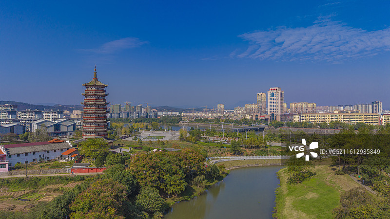 江西抚州广昌县十景之一河东雁塔城市风光航拍图片素材