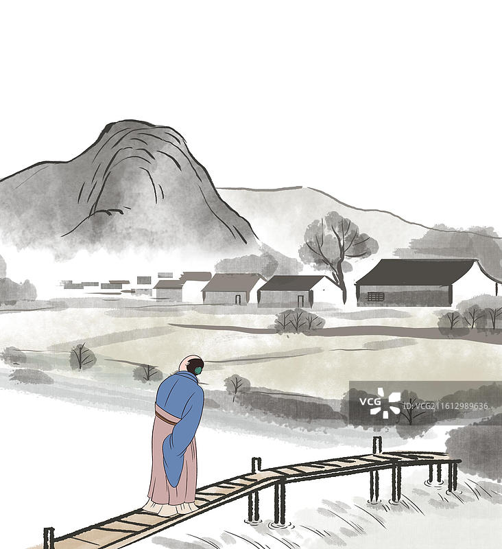 中国风新中式古风古典传统文化国学经典唐诗宋词中国画青绿山水田园风光古人生活趣味水墨小桥流水村落插画图片素材