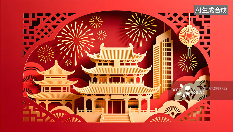 【AI数字艺术】传统节日烟花映衬中国剪纸建筑图片素材