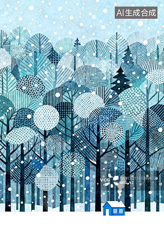 【AI数字艺术】雪花飘落在森林，一个孤独的蓝色小房子图片素材
