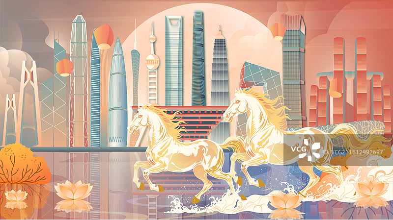 马年现代建筑横版矢量插画图片素材