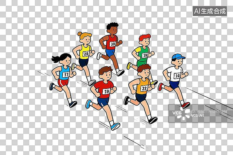 【AI数字艺术】卡通风格，马拉松比赛中奔跑的参赛者PNG格式的免扣元素图片素材