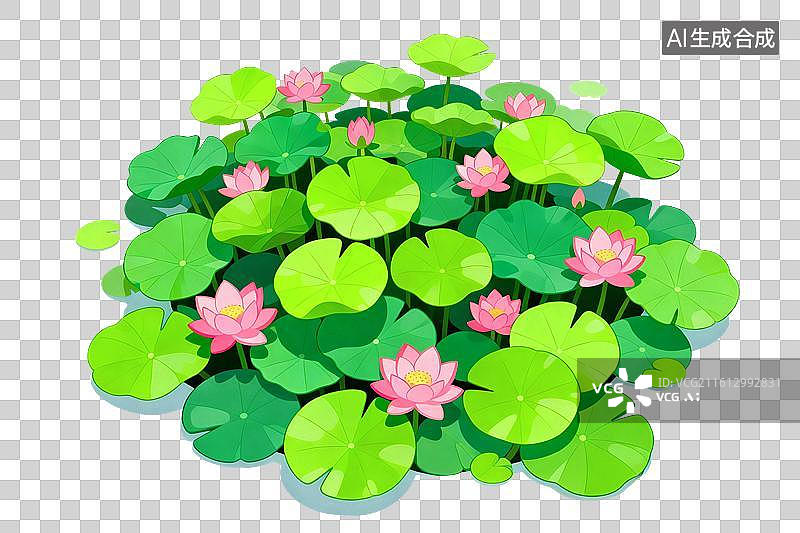 【AI数字艺术】卡通风格，一片荷叶丛中的几朵盛开的荷花PNG格式的免扣元素图片素材