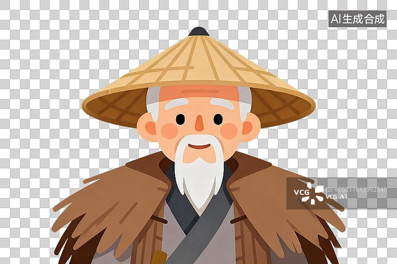 【AI数字艺术】卡通风格，披着蓑衣，头戴斗笠的老人PNG格式的免扣元素图片素材