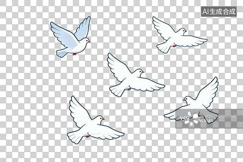 【AI数字艺术】卡通风格，空中飞着的几只和平鸽PNG格式的免扣元素图片素材