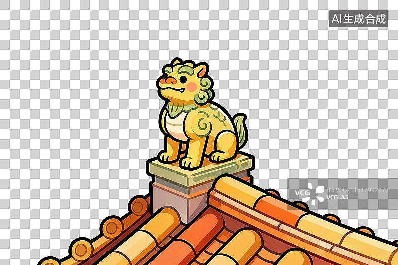 【AI数字艺术】卡通风格，屋檐上的兽脊PNG格式的免扣元素图片素材