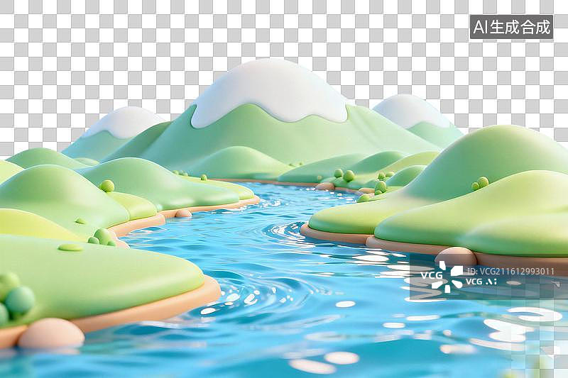 【AI数字艺术】卡通风格，山川河流，雪山，大好河山PNG格式的免扣元素图片素材