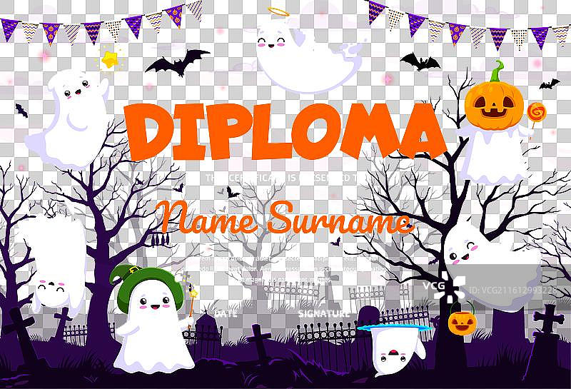 万圣节卡通鬼魂在墓地手持文凭，可爱风格图片素材