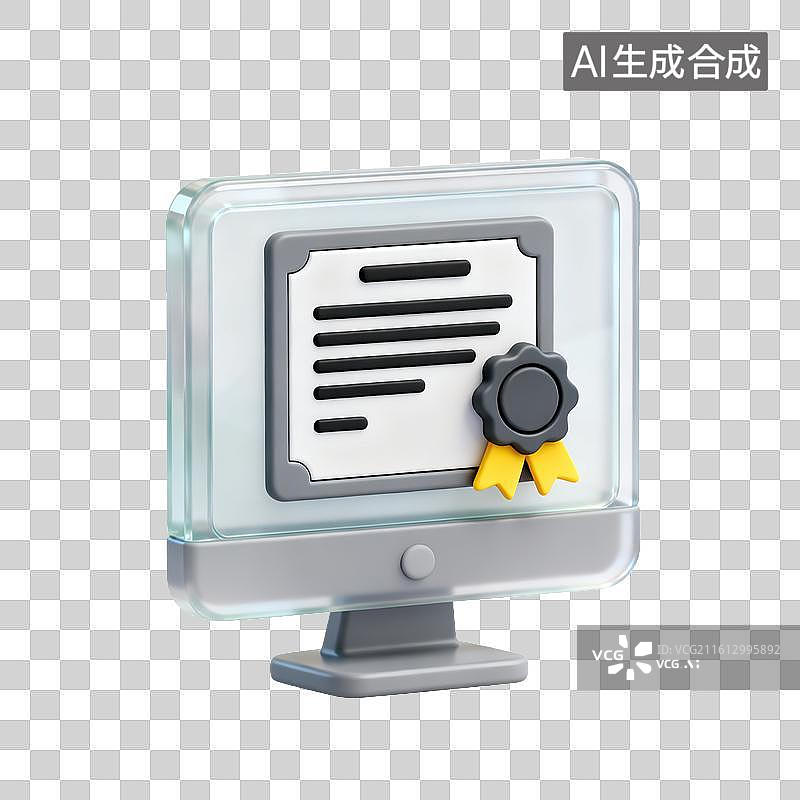 【AI数字艺术】3D磨砂玻璃材质教育主题电脑屏幕上的电子证书数字荣誉证明元素图片素材