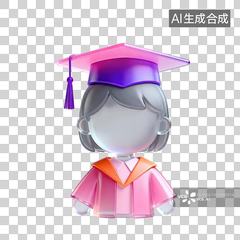 【AI数字艺术】3D磨砂玻璃材质教育主题戴学士帽穿学士服的毕业生学位授予元素图片素材