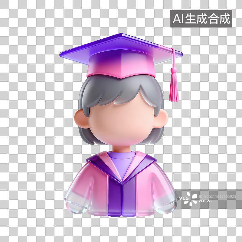 【AI数字艺术】3D磨砂玻璃材质教育主题戴学士帽穿学士服的毕业生学位授予元素图片素材
