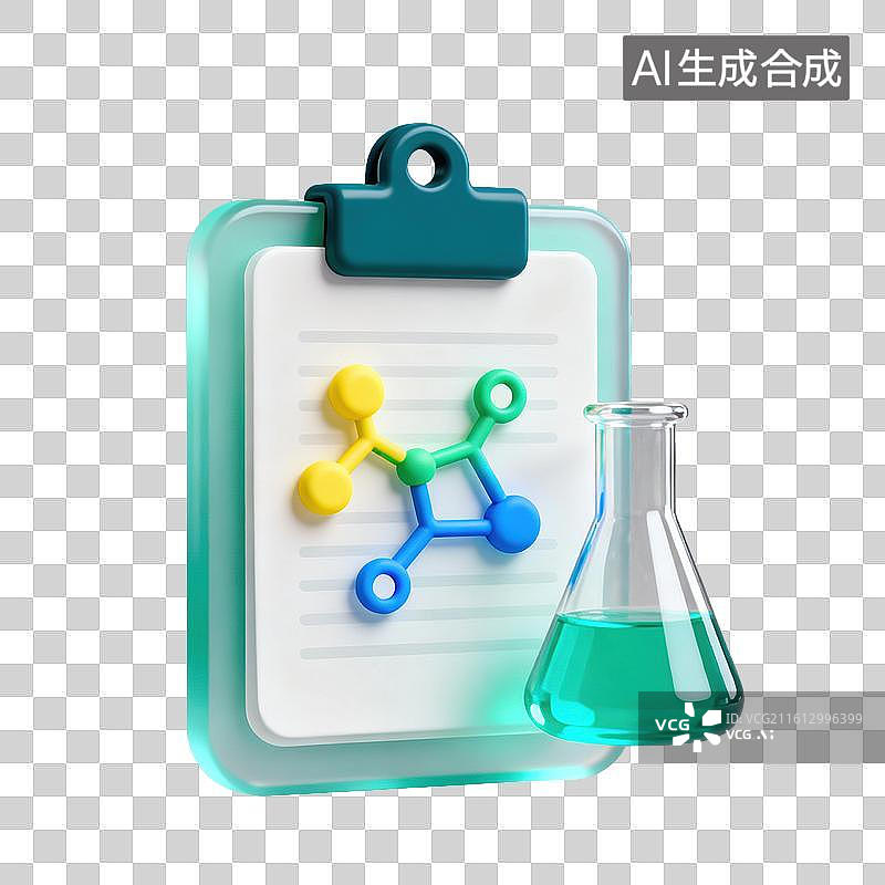 【AI数字艺术】3D磨砂玻璃材质教育主题化学课带有分子结构文件夹夹板和锥形烧瓶元素图片素材