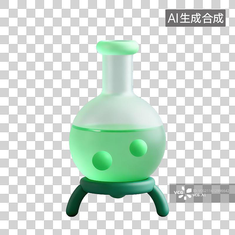 【AI数字艺术】3D磨砂玻璃材质教育主题化学课底座上圆底细颈烧瓶内带气泡的液体元素图片素材