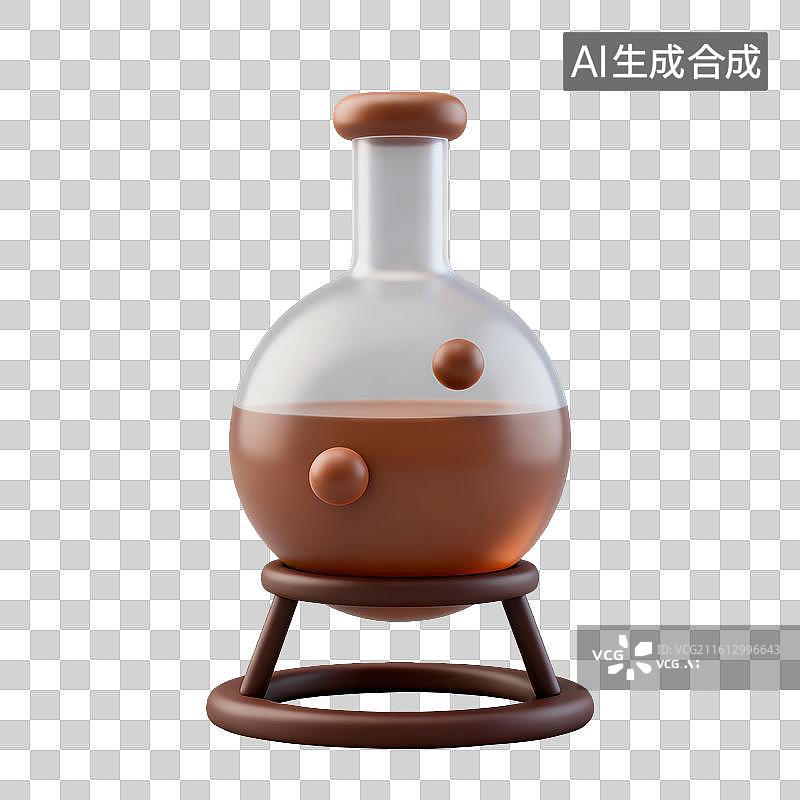 【AI数字艺术】3D磨砂玻璃材质教育主题化学课底座上圆底细颈烧瓶内带气泡的液体元素图片素材