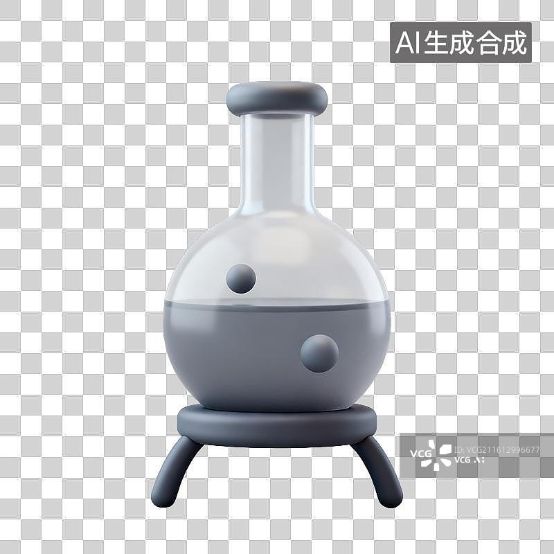 【AI数字艺术】3D磨砂玻璃材质教育主题化学课底座上圆底细颈烧瓶内带气泡的液体元素图片素材