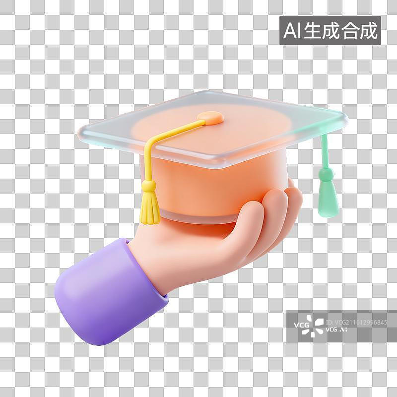 【AI数字艺术】3D磨砂玻璃材质教育主题手拿学士帽元素图片素材