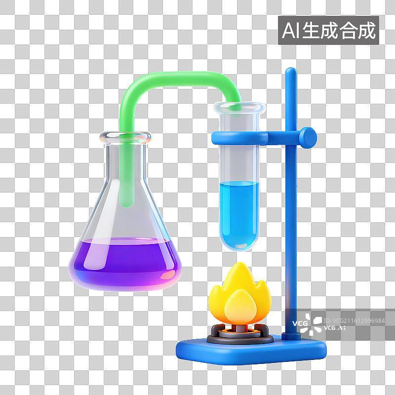 【AI数字艺术】3D磨砂玻璃材质教育主题化学课酒精灯加热试管实验装置元素图片素材
