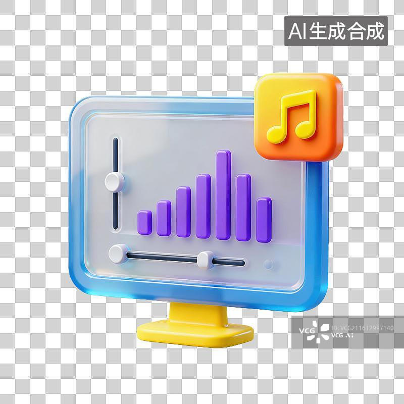 【AI数字艺术】3D磨砂玻璃材质教育主题音乐课电脑屏幕线上调音台频谱柱状图元素图片素材