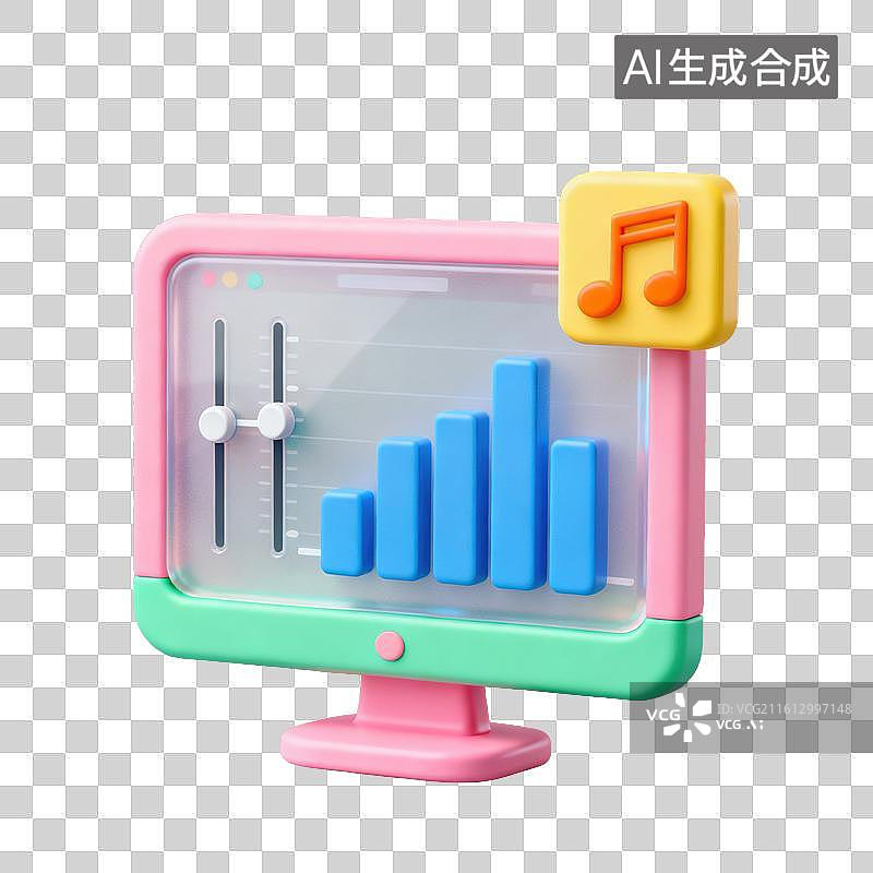 【AI数字艺术】3D磨砂玻璃材质教育主题音乐课电脑屏幕线上调音台频谱柱状图元素图片素材