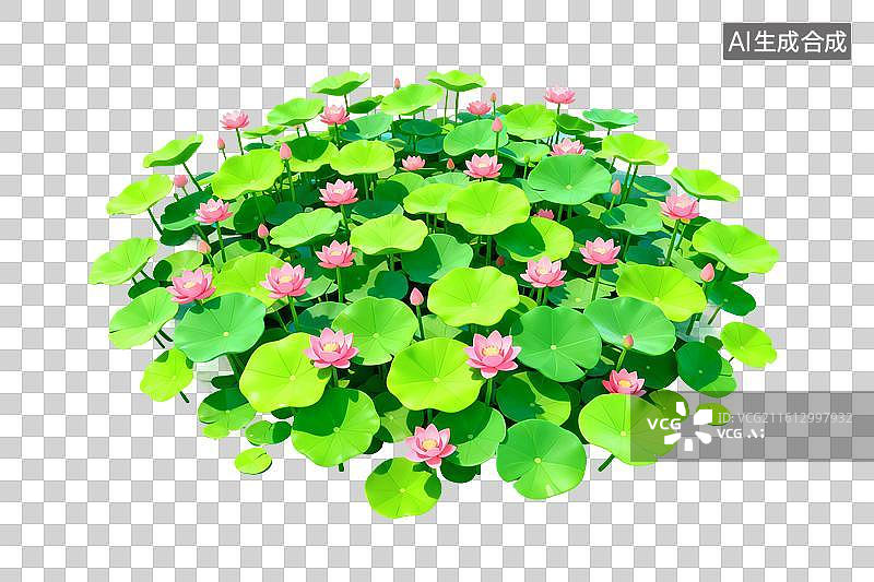 【AI数字艺术】卡通风格，一大片荷叶丛中的荷花PNG格式的免扣元素图片素材