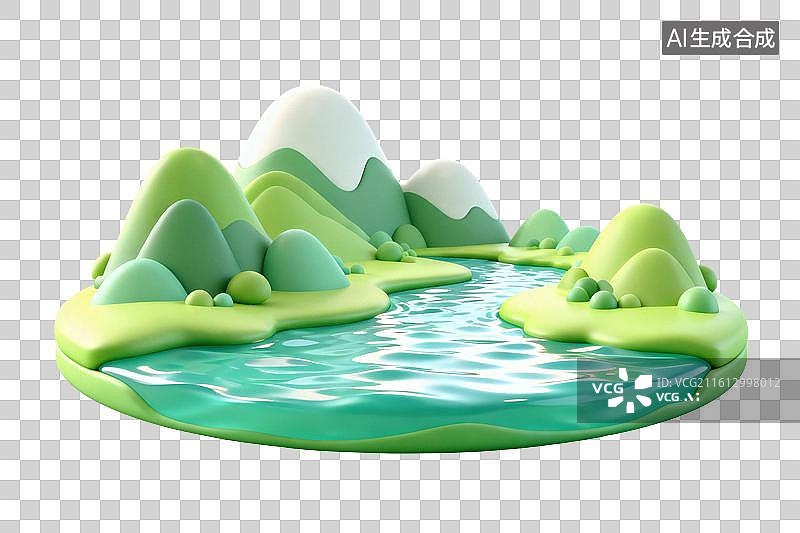 【AI数字艺术】卡通风格，峡谷间的一条流淌的河流PNG格式的免扣元素图片素材