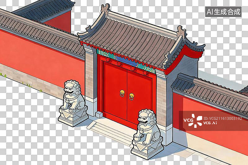【AI数字艺术】卡通风格，高门大院，朱红色的大门PNG格式的免扣元素图片素材