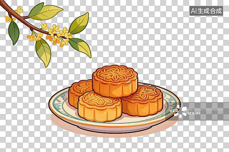 【AI数字艺术】卡通风格，桂花树下美味的月饼PNG格式的免扣元素图片素材