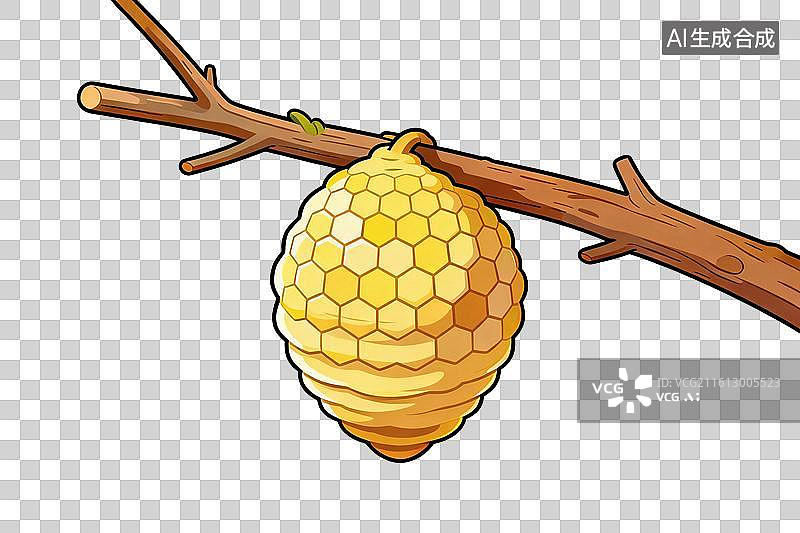 【AI数字艺术】卡通风格，树干上的蜂巢PNG格式的免扣元素图片素材