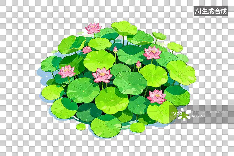 【AI数字艺术】卡通风格，荷叶中盛开的荷花PNG格式的免扣元素图片素材