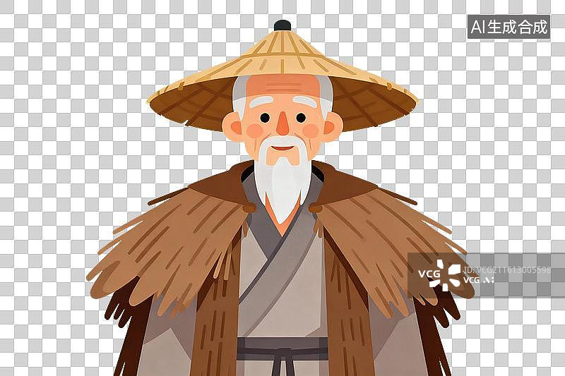 【AI数字艺术】卡通风格，穿着蓑衣的老年渔夫PNG格式的免扣元素图片素材