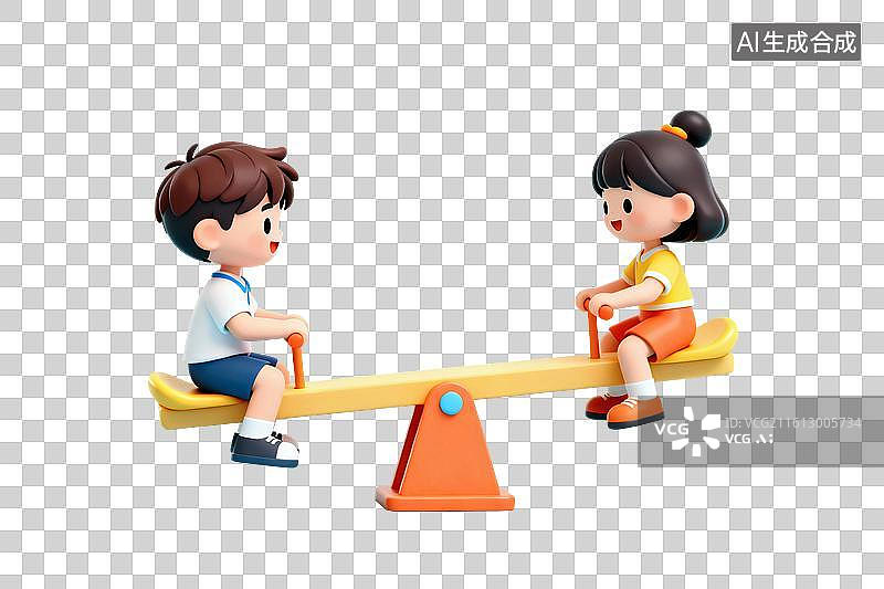 【AI数字艺术】卡通风格，正在玩翘翘板的儿童PNG格式的免扣元素图片素材