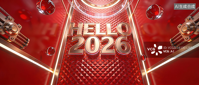 【AI数字艺术】2026 红金科技隧道 HELLO 展示装饰素材图片素材