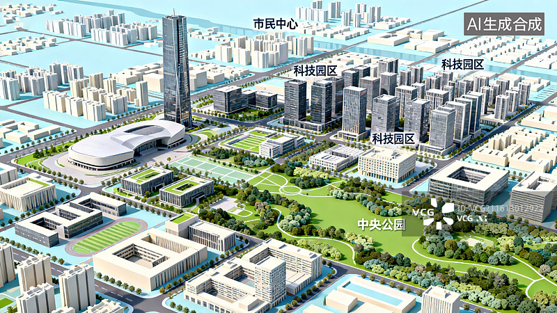 【AI数字艺术】城市住宅集群公园绿地鸟瞰规划场景图片素材