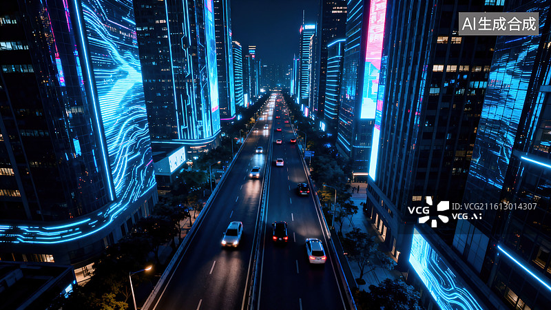 【AI数字艺术】城市夜景灯光幕墙道路车流蓝紫光效场景图片素材