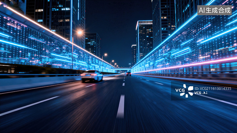 【AI数字艺术】城市夜景灯光幕墙道路车流蓝紫光效场景图片素材