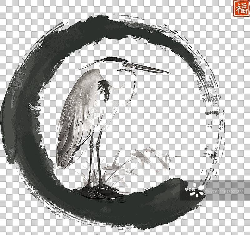 水墨画，画有一只黑色的鹭鸶和一个圆形的禅意圈图片素材