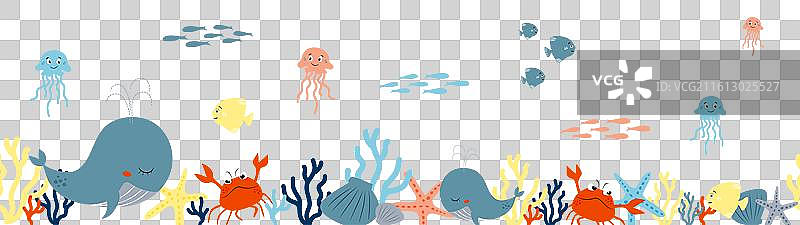 海洋横幅，有鲸鱼、鱼和螃蟹图片素材