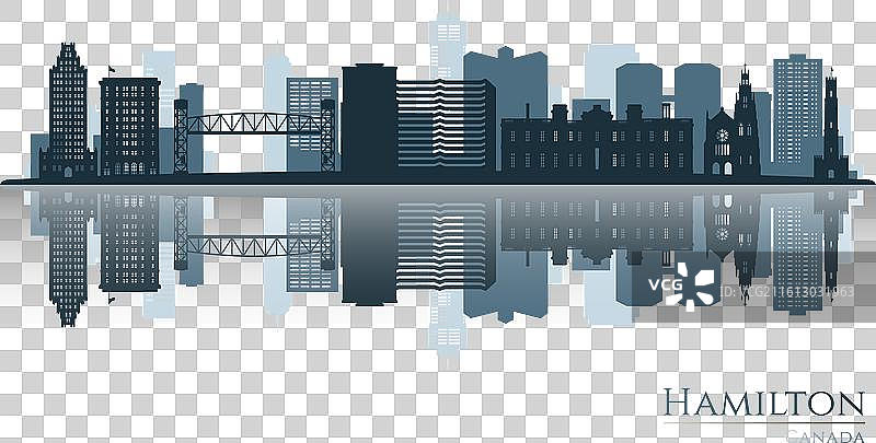 汉密尔顿城市天际线剪影及其倒影图片素材