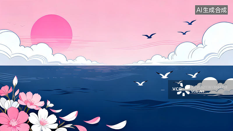 【AI数字艺术】粉红日落海景与飞鸟图片素材